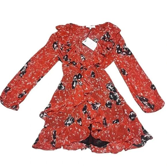 NWT women’s IRO X REVOLVE villa red & black ruffle long sleeve wrap floral dress - Picture 1 of 11